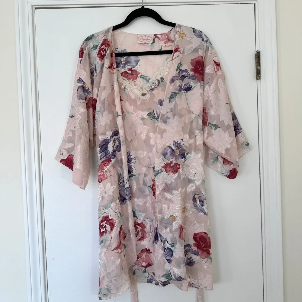 Angelique Vintage Floral‎ Robe & Slip Set Pink Jacquard Lace Trim Large made USA